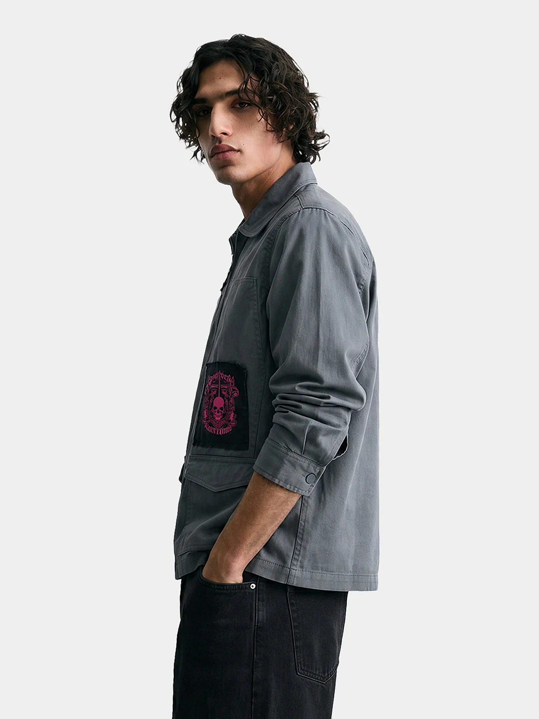 Men's Grey Regular Fit Patched Street Shirt - Image 4