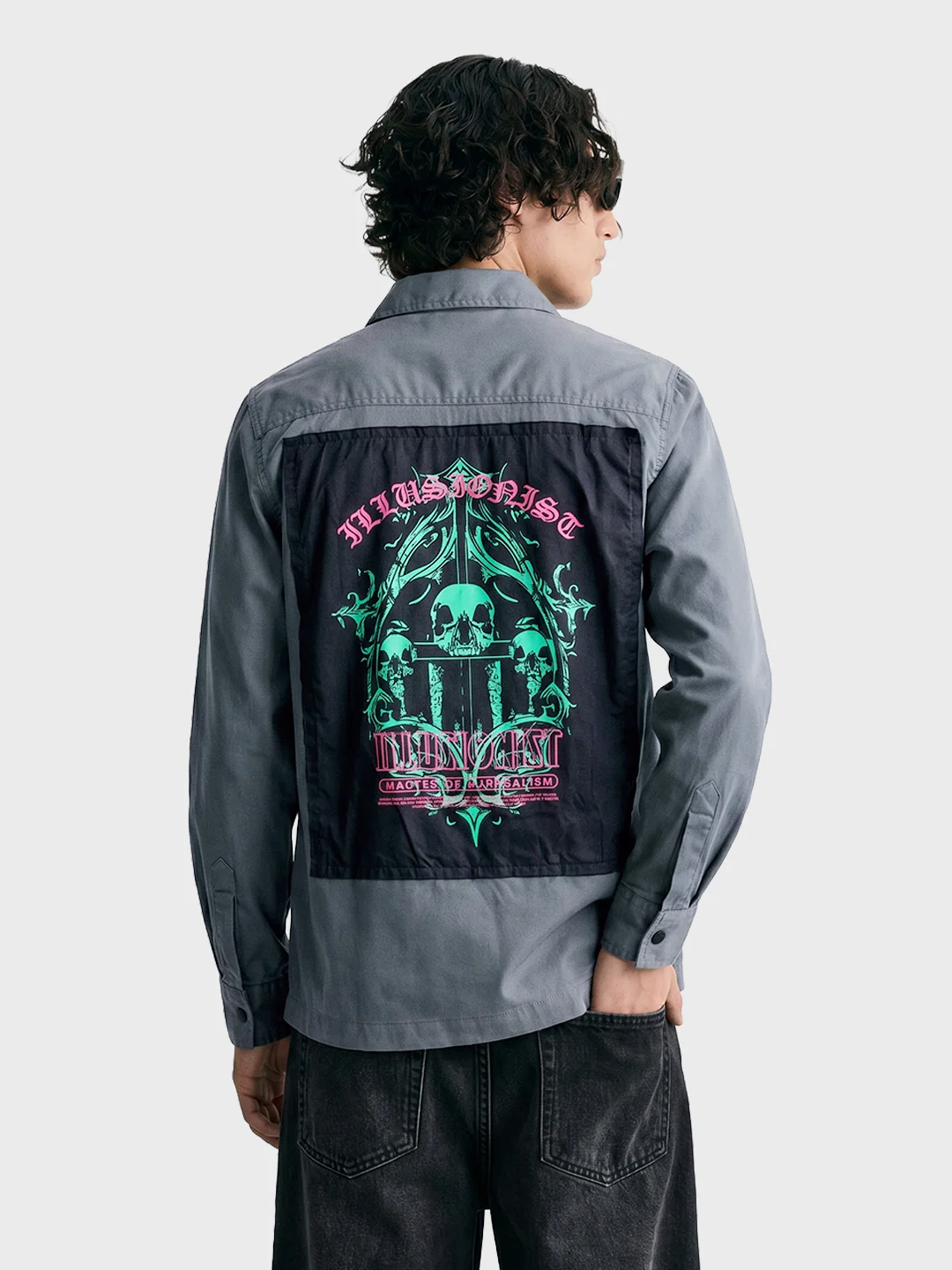 Men's Grey Regular Fit Patched Street Shirt - Image 5