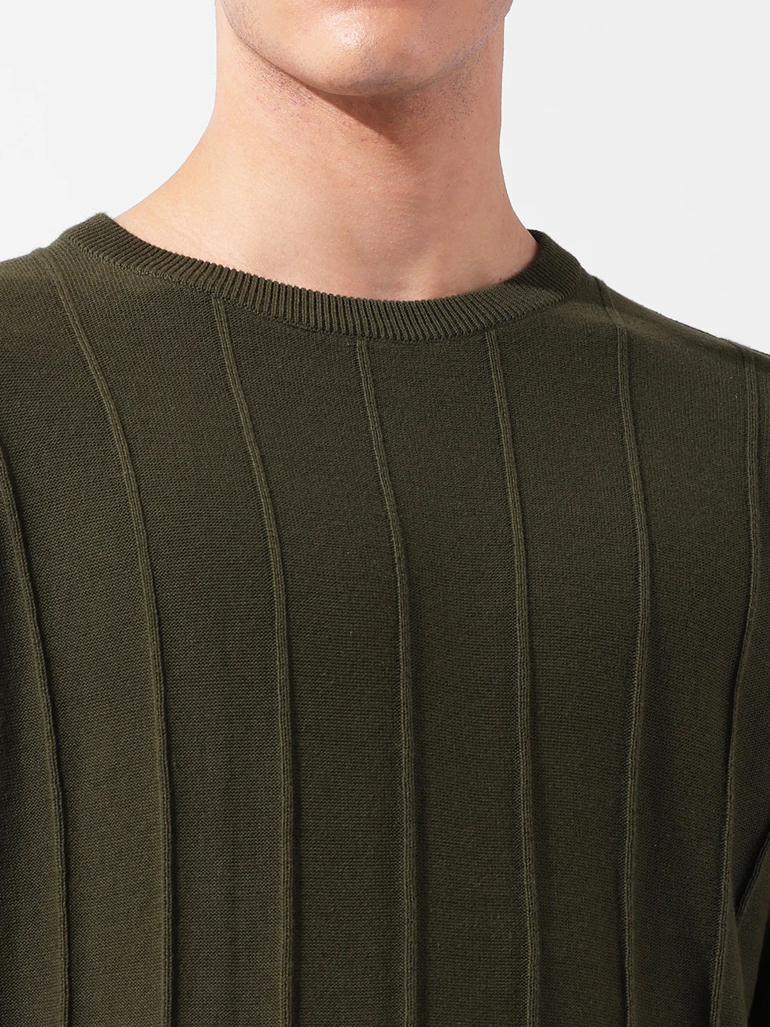Men's Green Oversized Fit Textured Flat Knit Crew Neck T-Shirt - Image 3