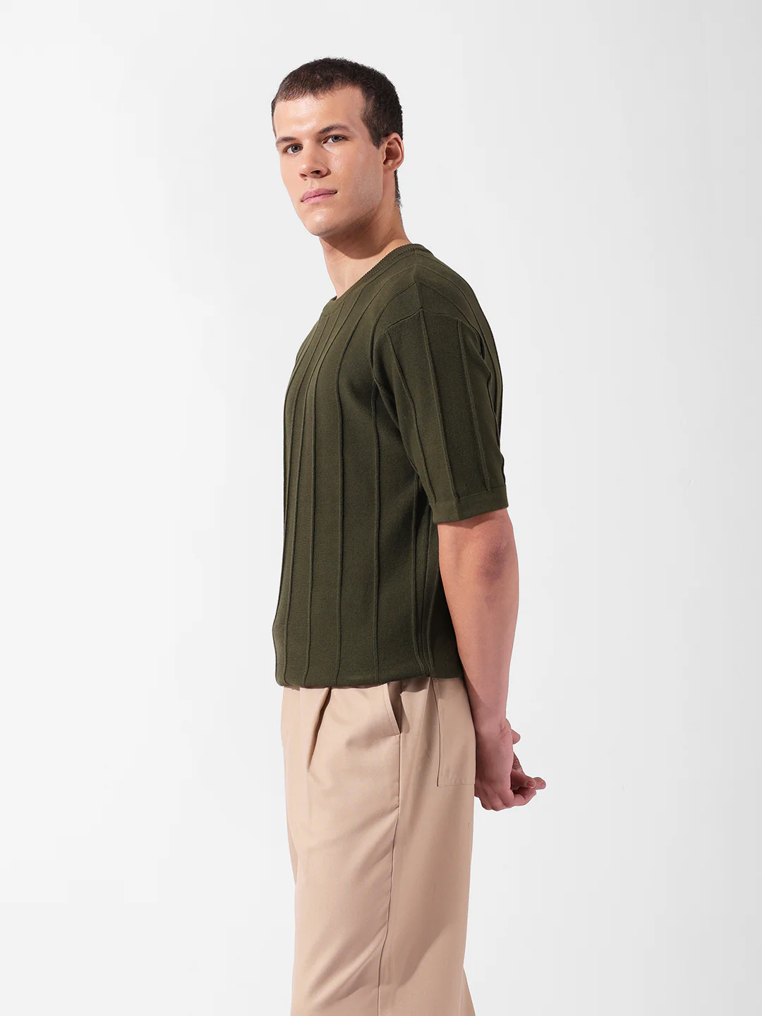 Men's Green Oversized Fit Textured Flat Knit Crew Neck T-Shirt - Image 4