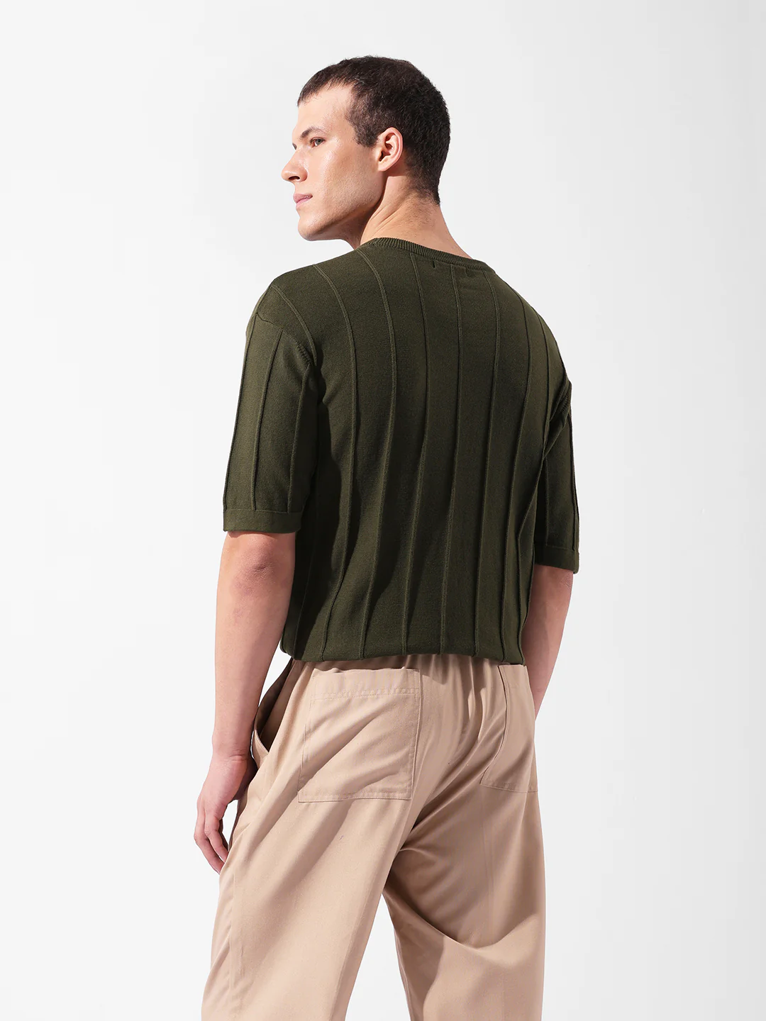 Men's Green Oversized Fit Textured Flat Knit Crew Neck T-Shirt - Image 5