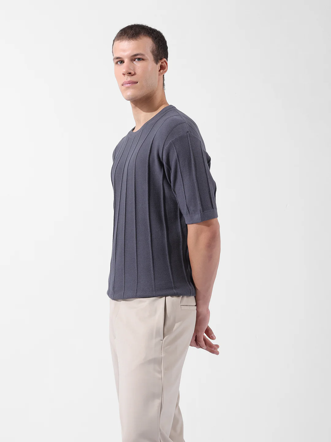 Men's Grey Oversized Fit Textured Flat Knit Crew Neck T-Shirt - Image 4