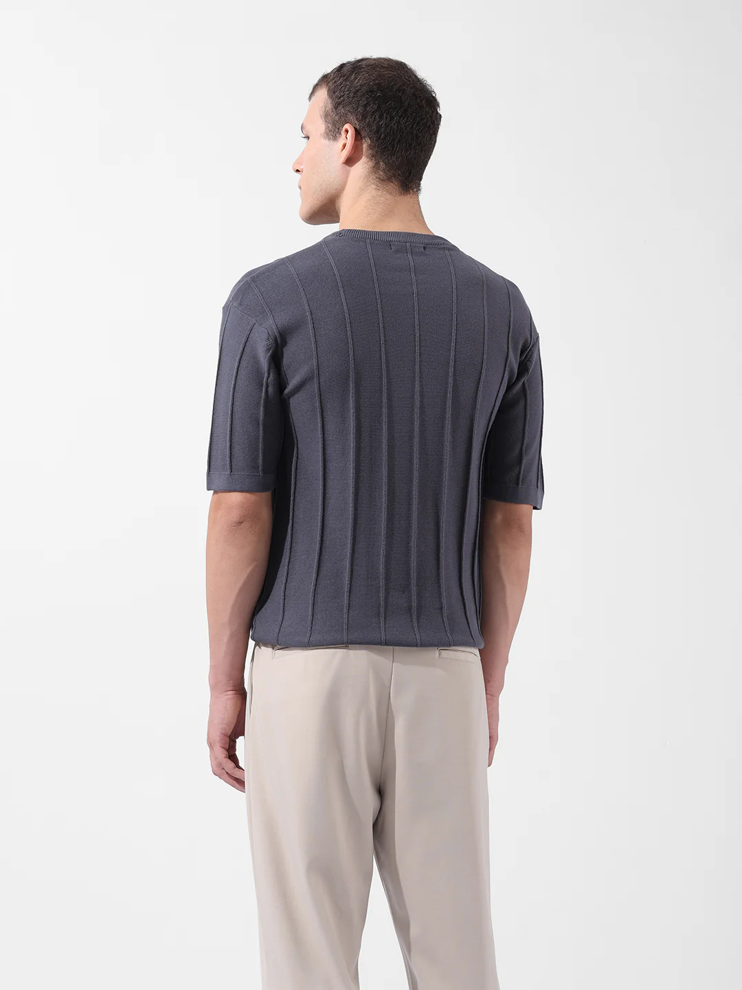 Men's Grey Oversized Fit Textured Flat Knit Crew Neck T-Shirt - Image 5