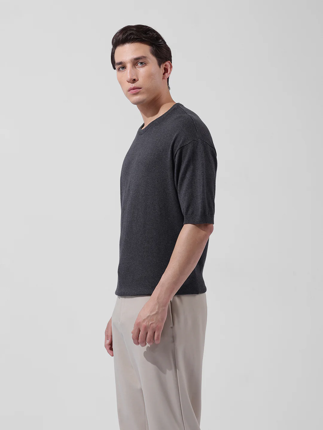 Men's Grey Oversized Fit Textured Flat Knit Crew Neck T-Shirt - Image 4