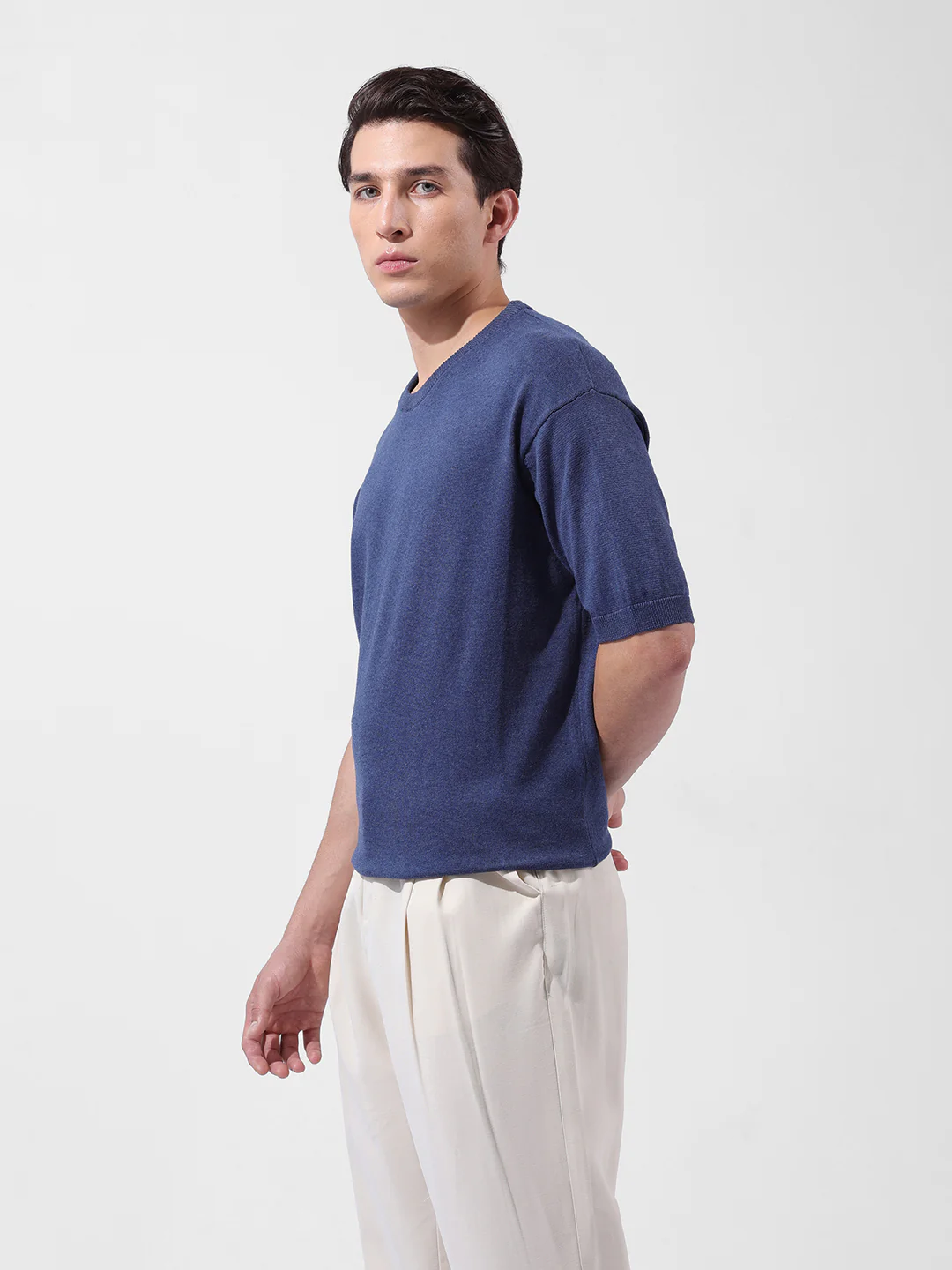 Men's Navy Blue Oversized Fit Textured Flat Knit Crew Neck T-Shirt - Image 5