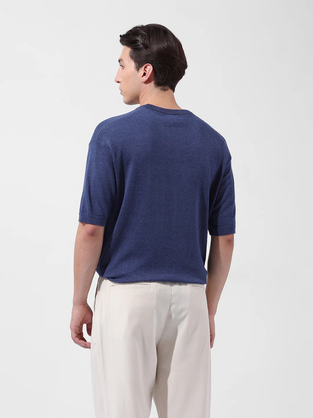 Men's Navy Blue Oversized Fit Textured Flat Knit Crew Neck T-Shirt - Image 6