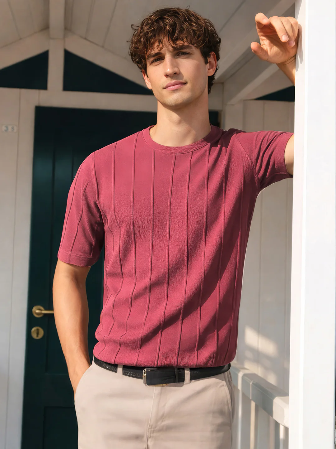 Men's Rust Oversized Fit Textured Flat Knit Crew Neck T-Shirt