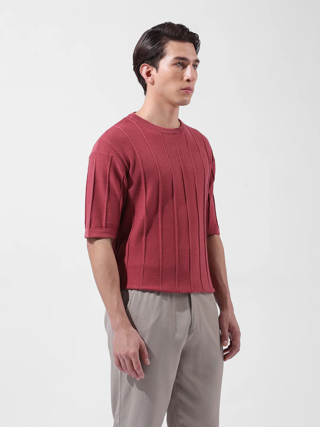 Men's Rust Oversized Fit Textured Flat Knit Crew Neck T-Shirt - Image 4