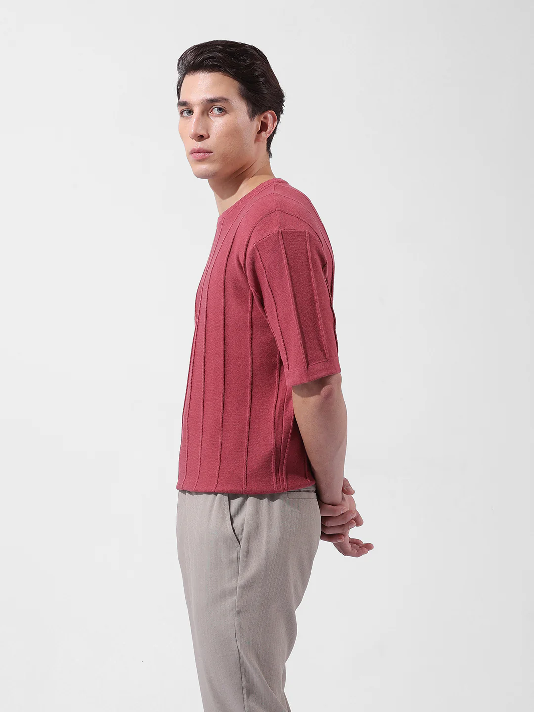 Men's Rust Oversized Fit Textured Flat Knit Crew Neck T-Shirt - Image 5