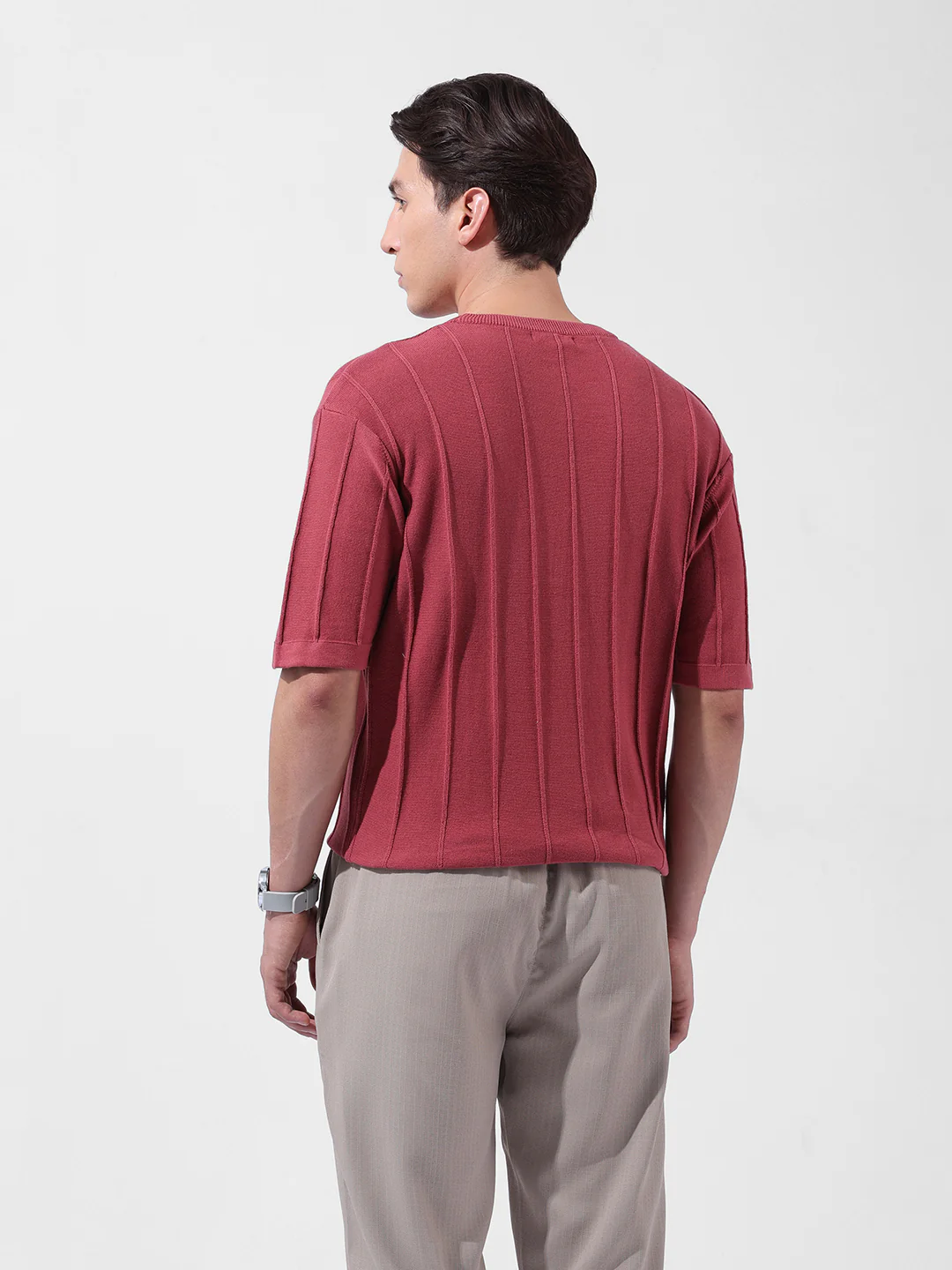 Men's Rust Oversized Fit Textured Flat Knit Crew Neck T-Shirt - Image 6
