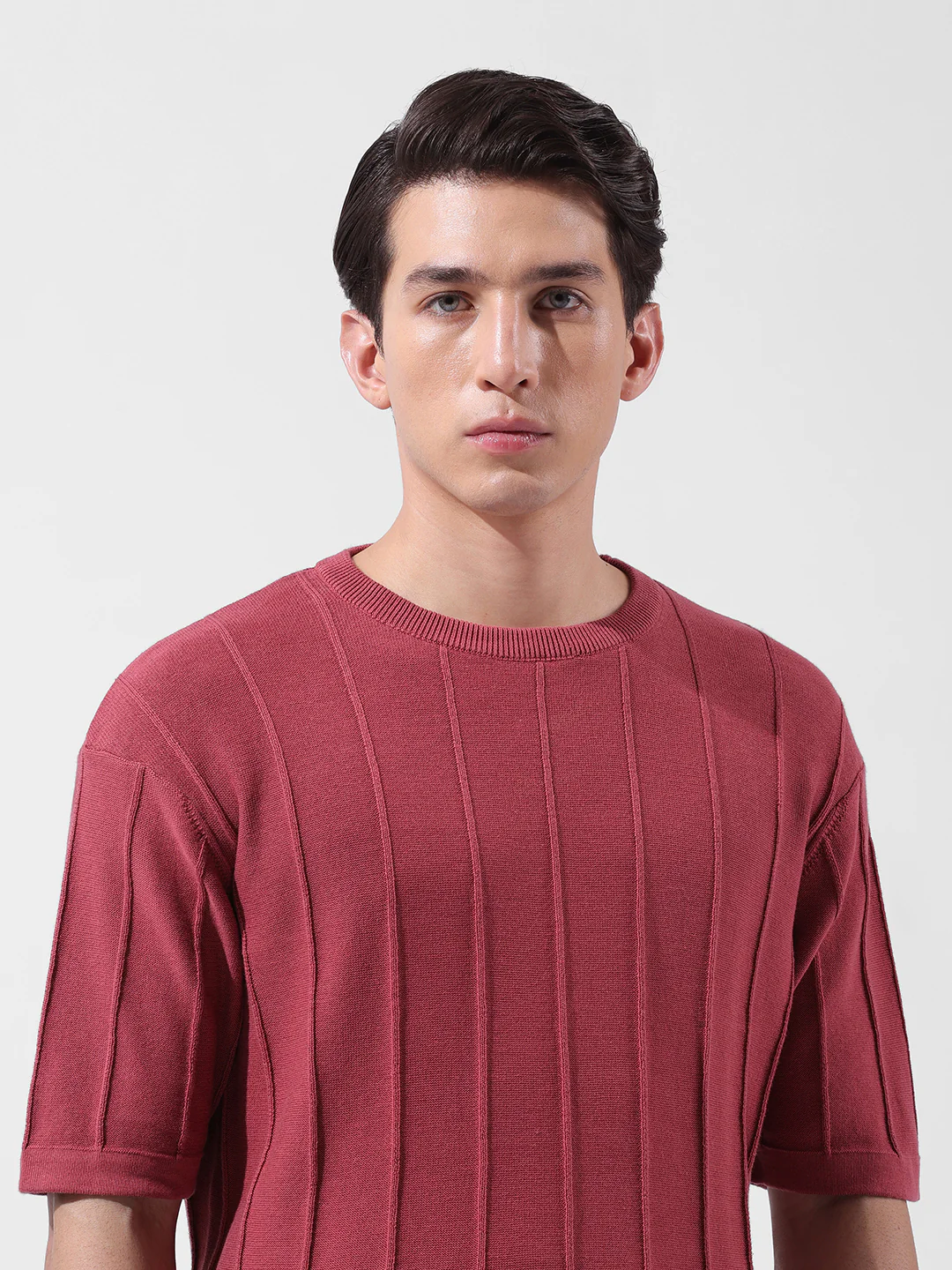 Men's Rust Oversized Fit Textured Flat Knit Crew Neck T-Shirt - Image 7