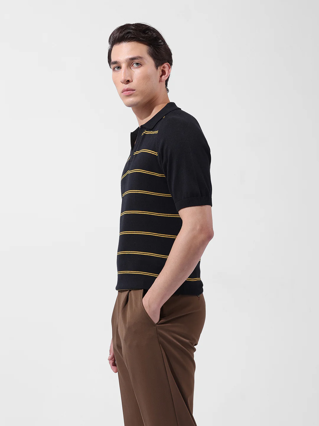 Men's Black Slim Fit Textured Flat Knit Polo Polo T-Shirt - Image 4