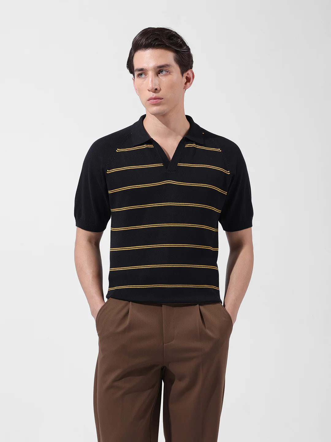 Men's Black Slim Fit Textured Flat Knit Polo Polo T-Shirt - Image 7