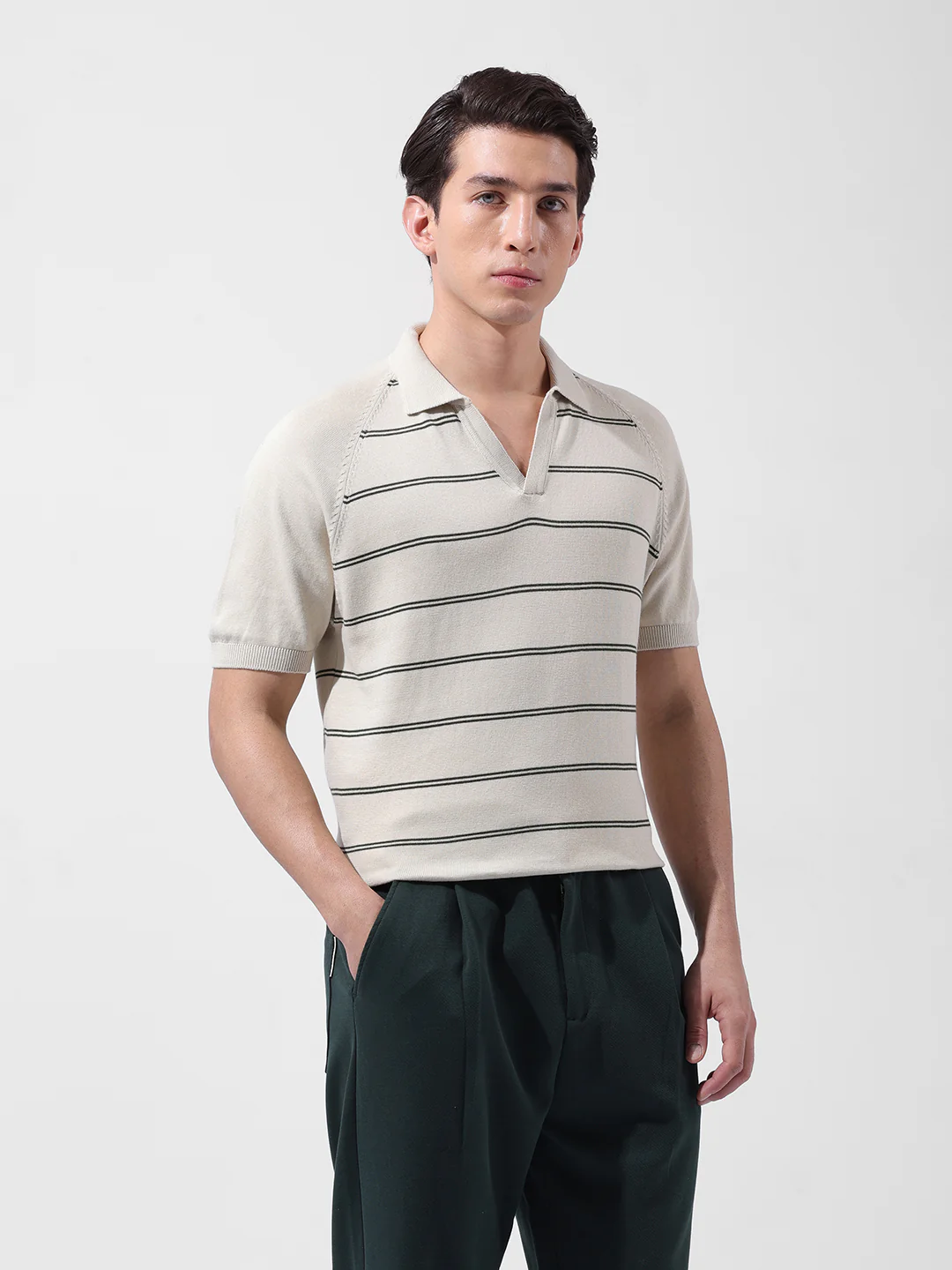 Men's Cream Slim Fit Textured Flat Knit Polo Polo T-Shirt - Image 2