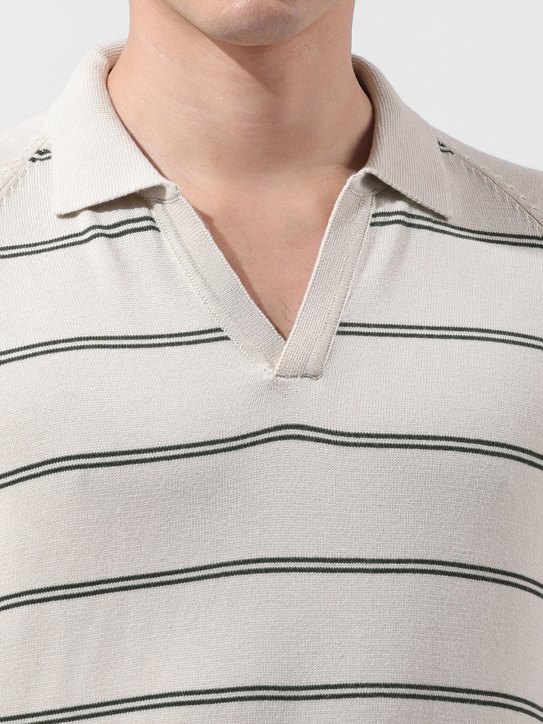 Men's Cream Slim Fit Textured Flat Knit Polo Polo T-Shirt - Image 3