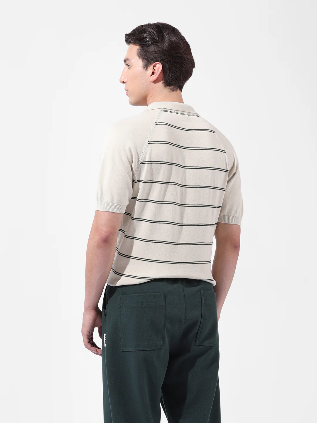 Men's Cream Slim Fit Textured Flat Knit Polo Polo T-Shirt - Image 4