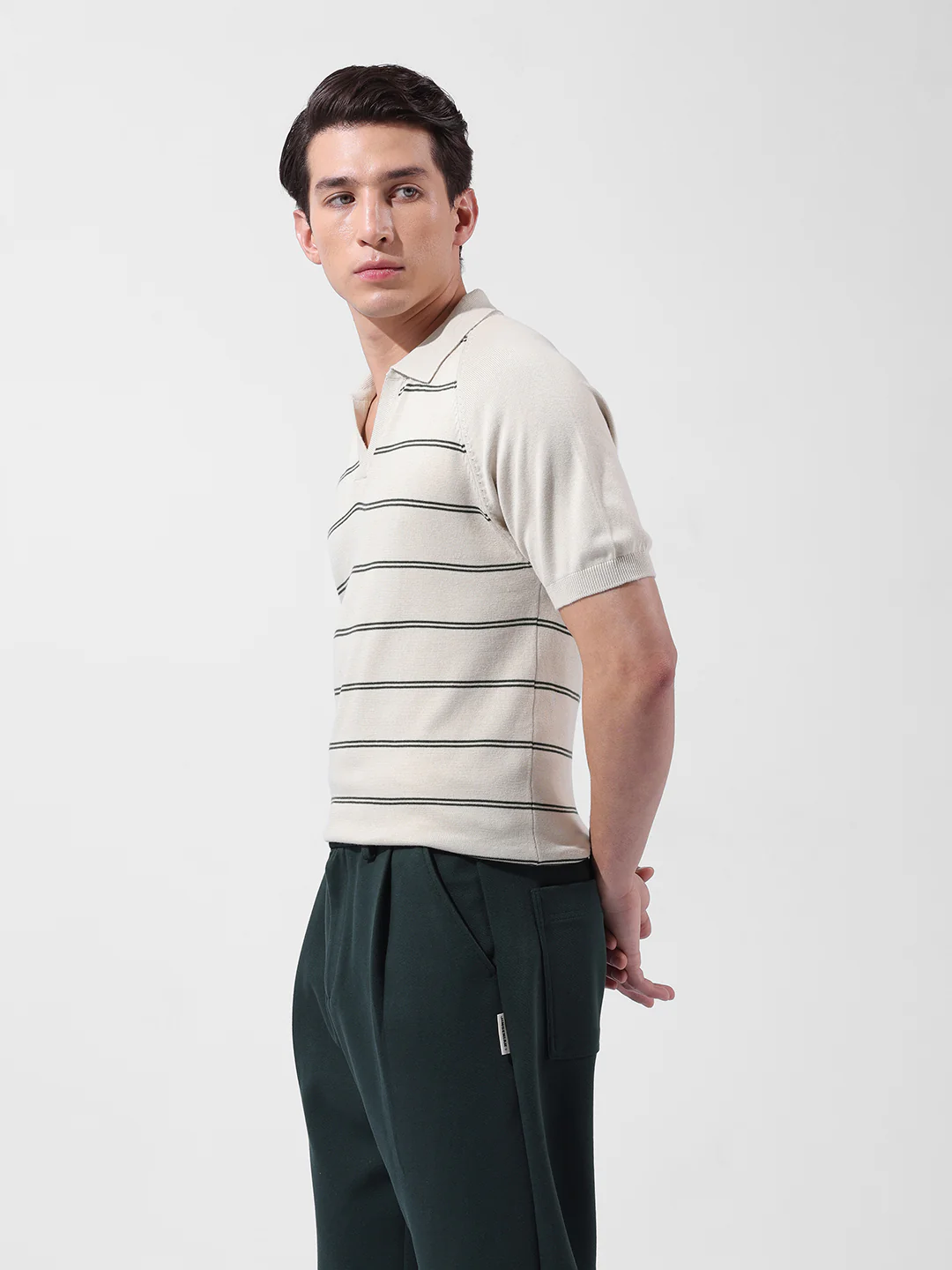 Men's Cream Slim Fit Textured Flat Knit Polo Polo T-Shirt - Image 5