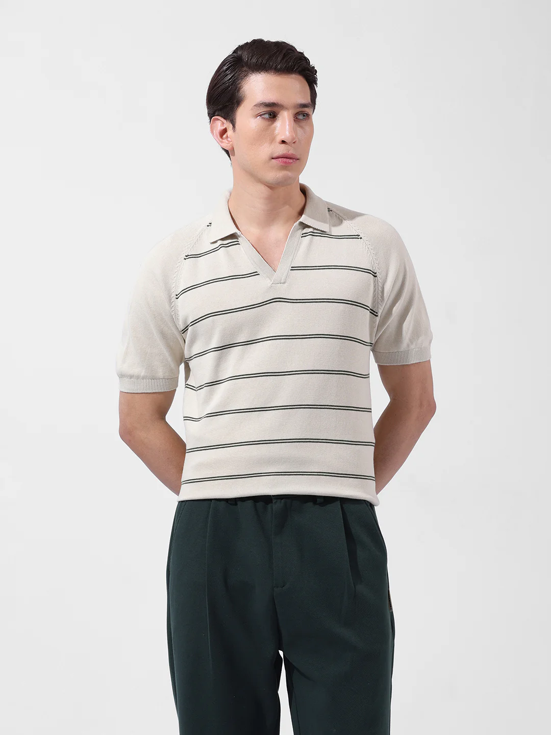 Men's Cream Slim Fit Textured Flat Knit Polo Polo T-Shirt - Image 7