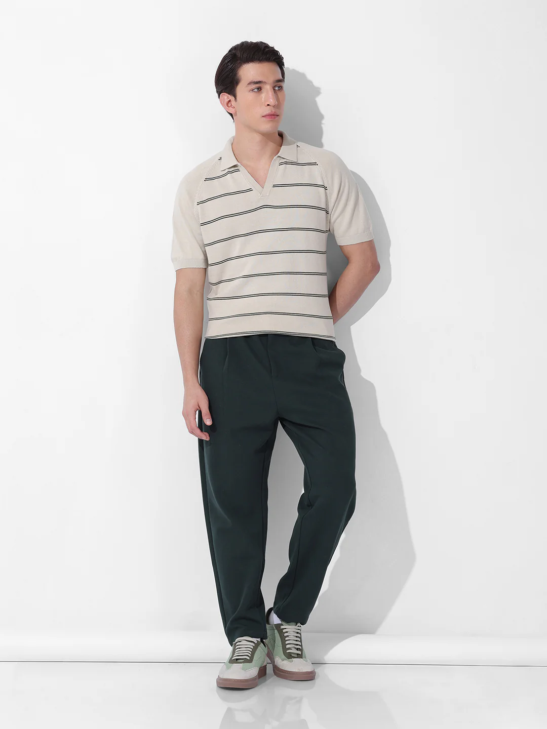 Men's Cream Slim Fit Textured Flat Knit Polo Polo T-Shirt - Image 8