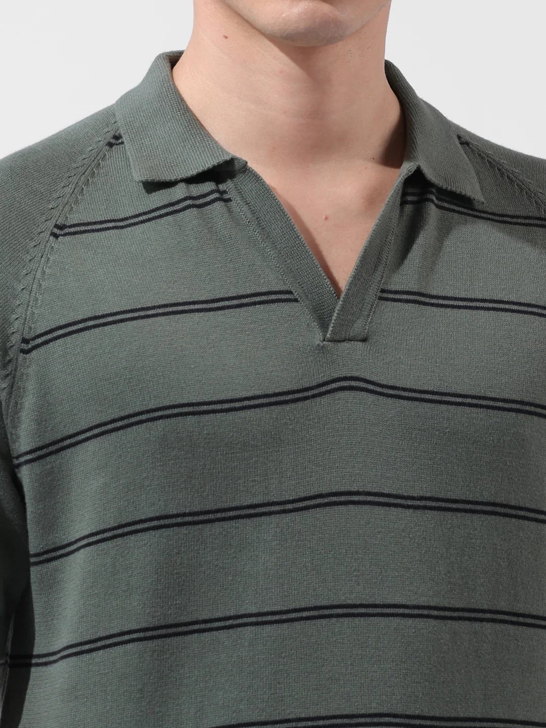 Men's Green Slim Fit Textured Flat Knit Polo Polo T-Shirt - Image 3