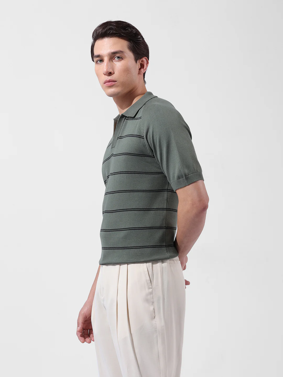 Men's Green Slim Fit Textured Flat Knit Polo Polo T-Shirt - Image 4