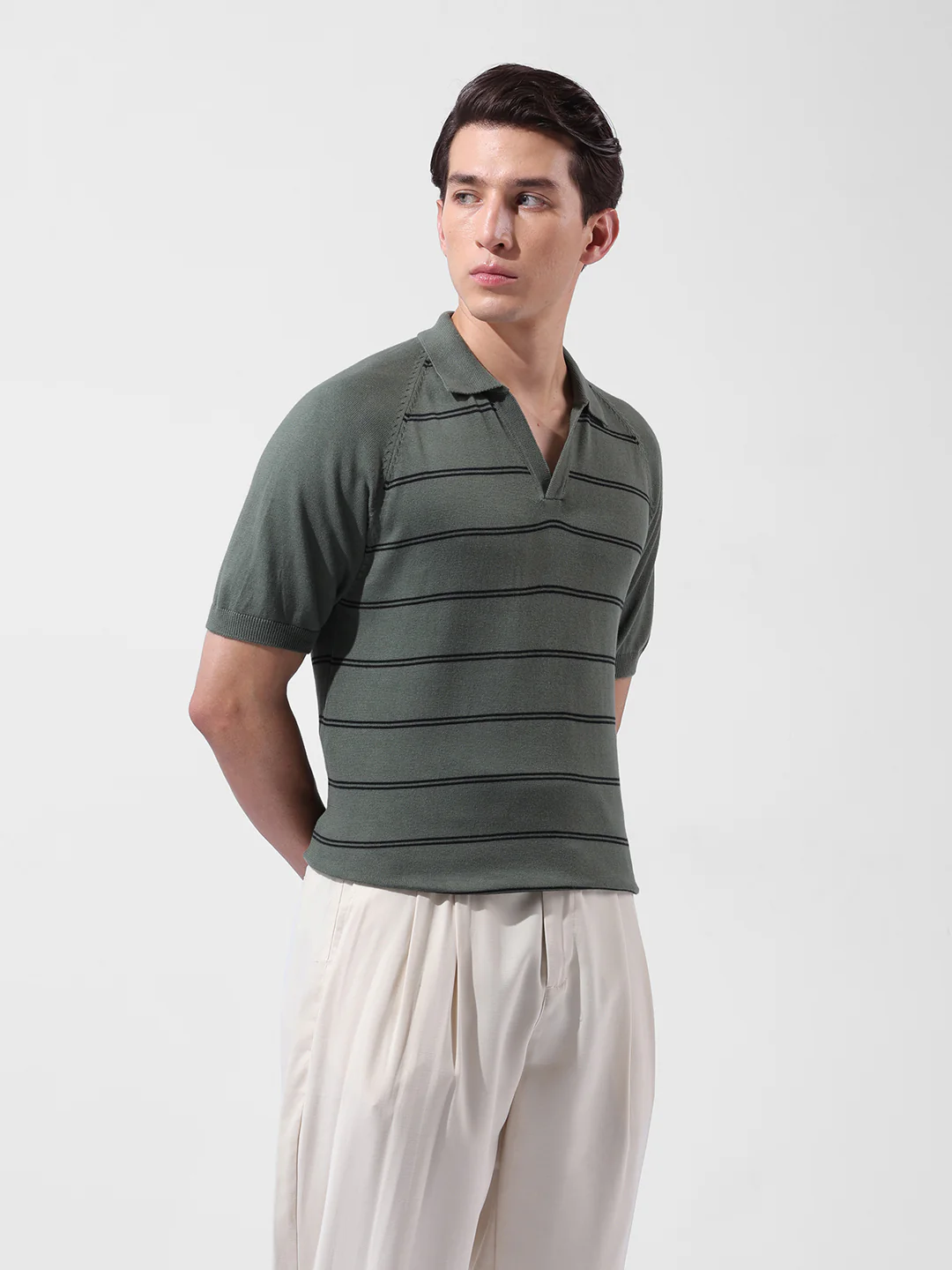 Men's Green Slim Fit Textured Flat Knit Polo Polo T-Shirt - Image 5