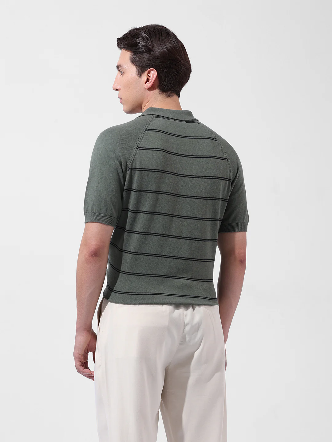 Men's Green Slim Fit Textured Flat Knit Polo Polo T-Shirt - Image 6