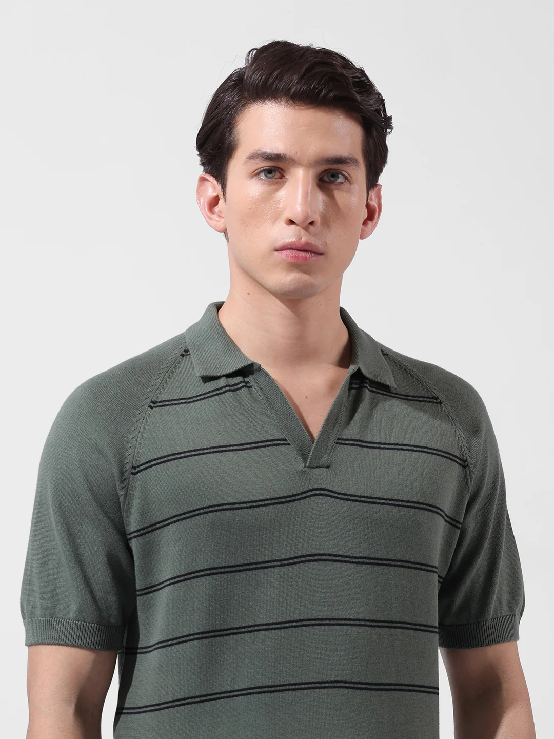 Men's Green Slim Fit Textured Flat Knit Polo Polo T-Shirt - Image 7