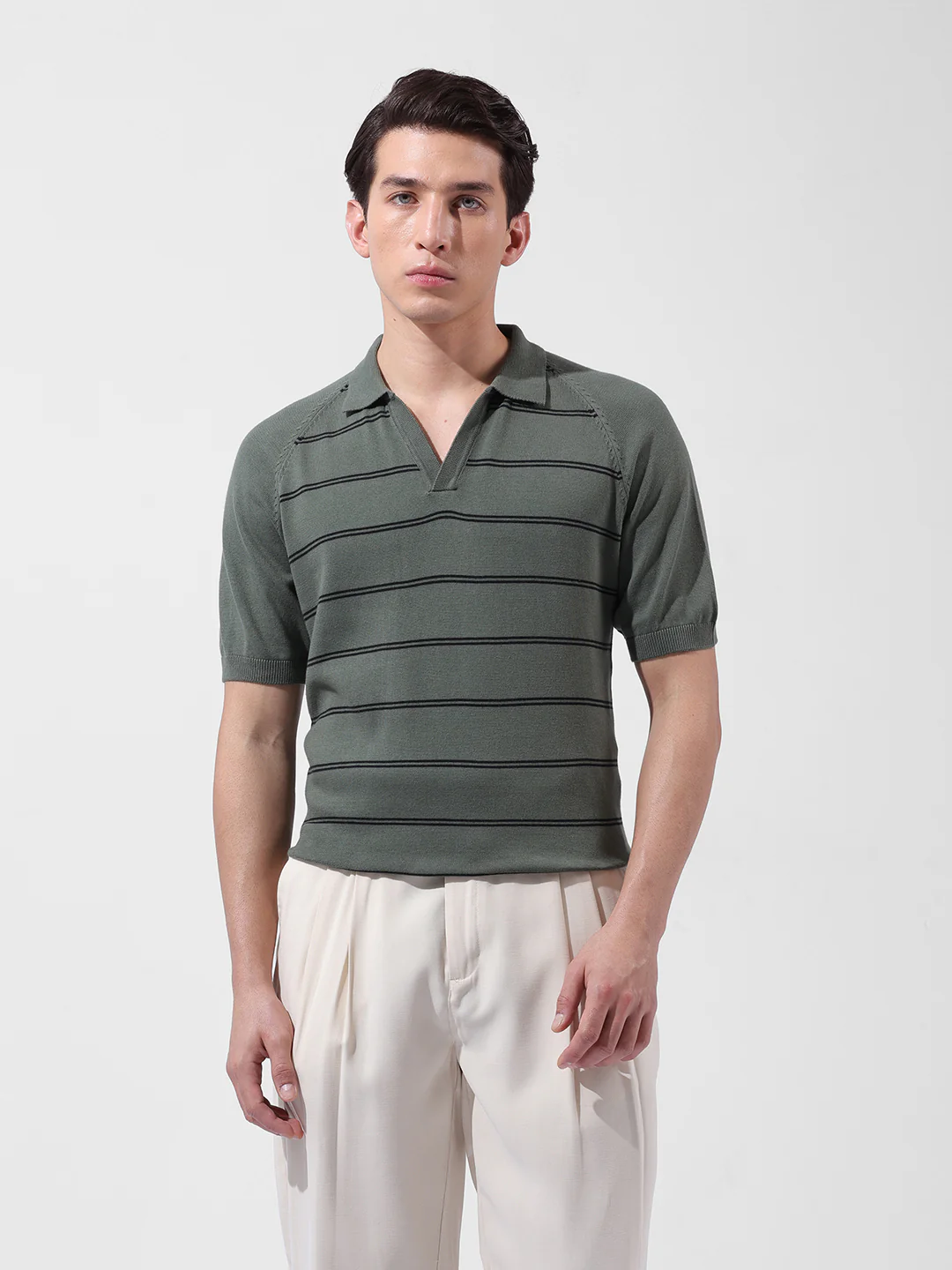 Men's Green Slim Fit Textured Flat Knit Polo Polo T-Shirt - Image 8