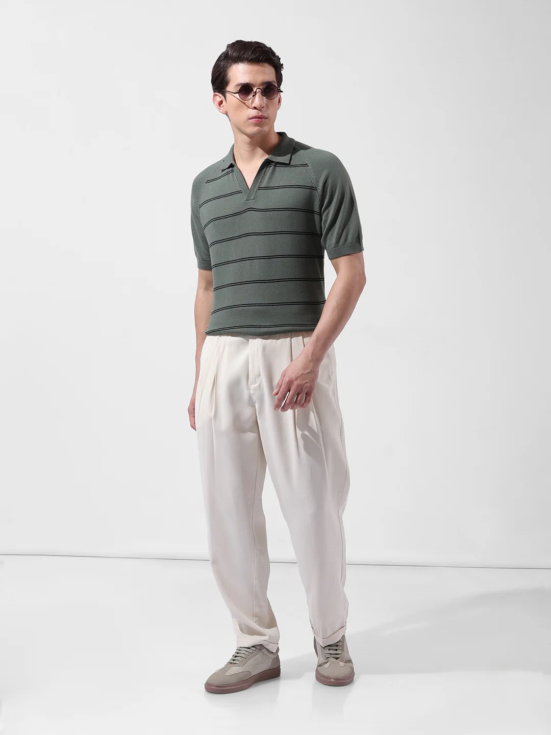 Men's Green Slim Fit Textured Flat Knit Polo Polo T-Shirt - Image 9