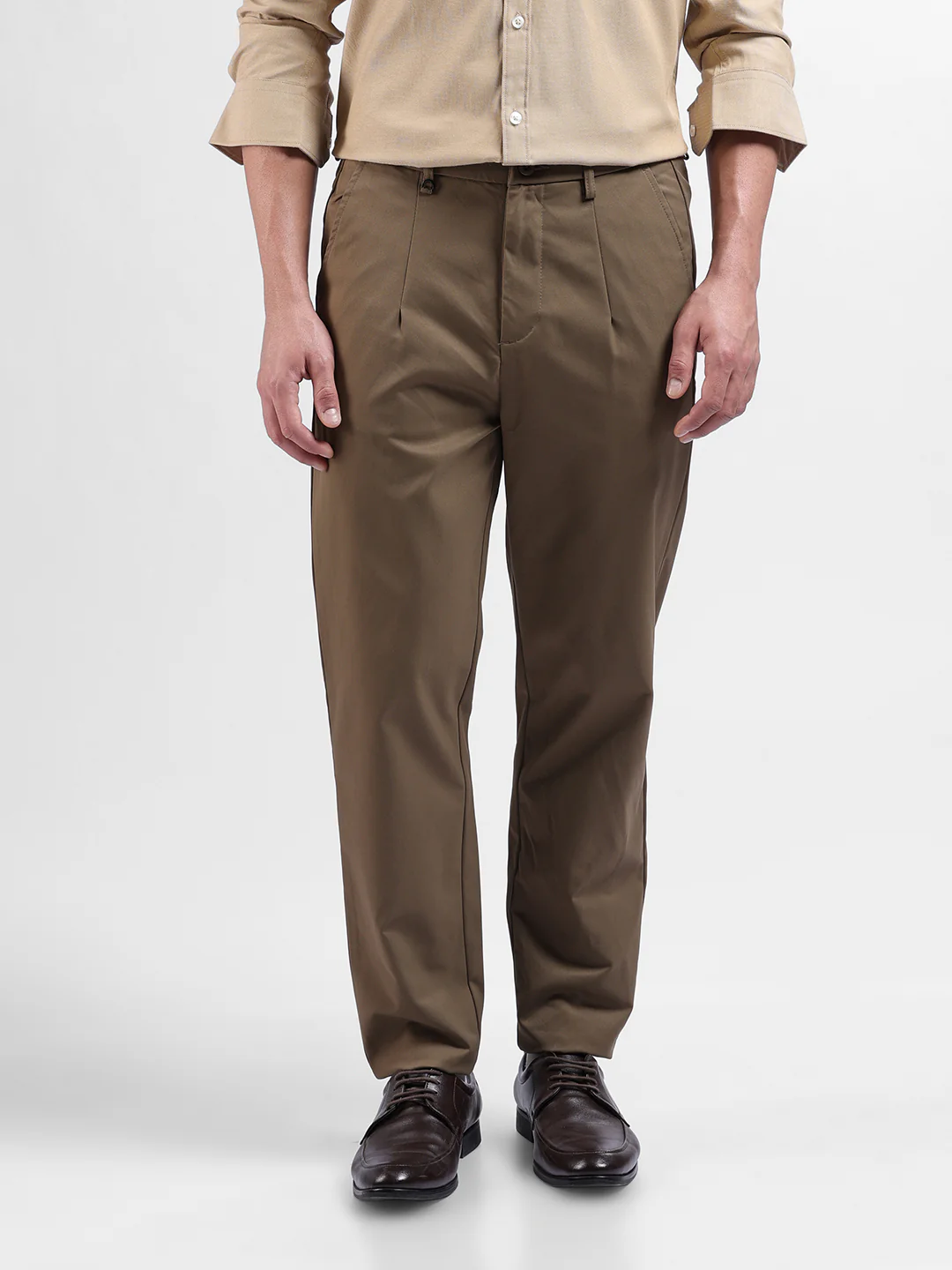 Men's Dark Khaki Relaxed Fit Solid Casual Trouser