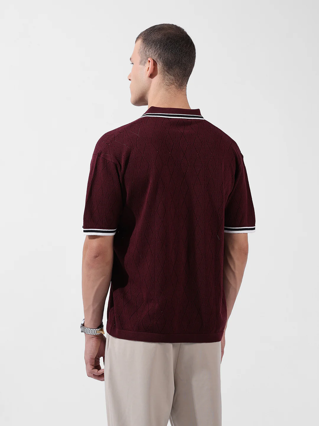 Men's Maroon Oversized Fit Striped Flat Knit Polo T-Shirt - Image 2