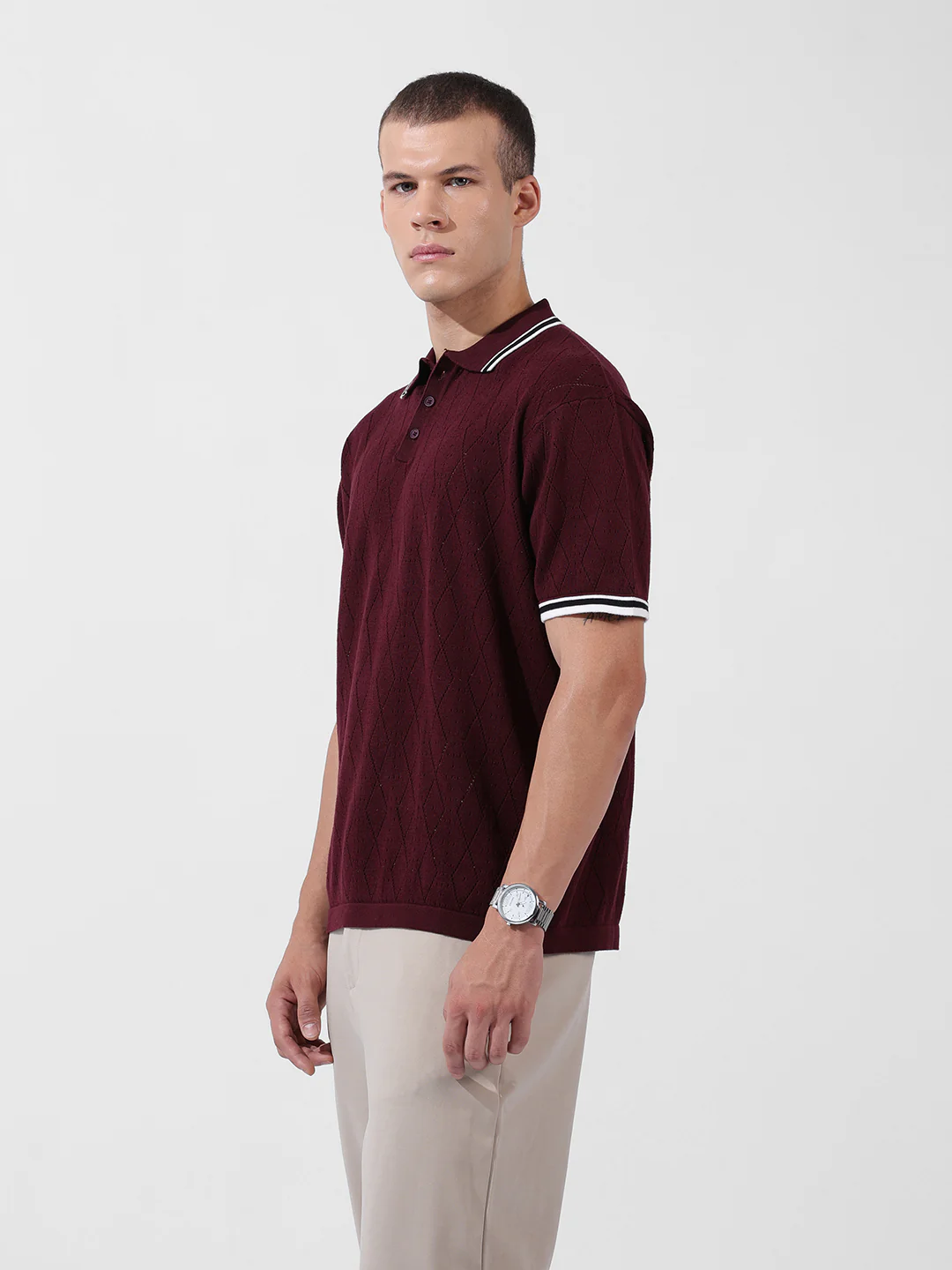 Men's Maroon Oversized Fit Striped Flat Knit Polo T-Shirt - Image 3