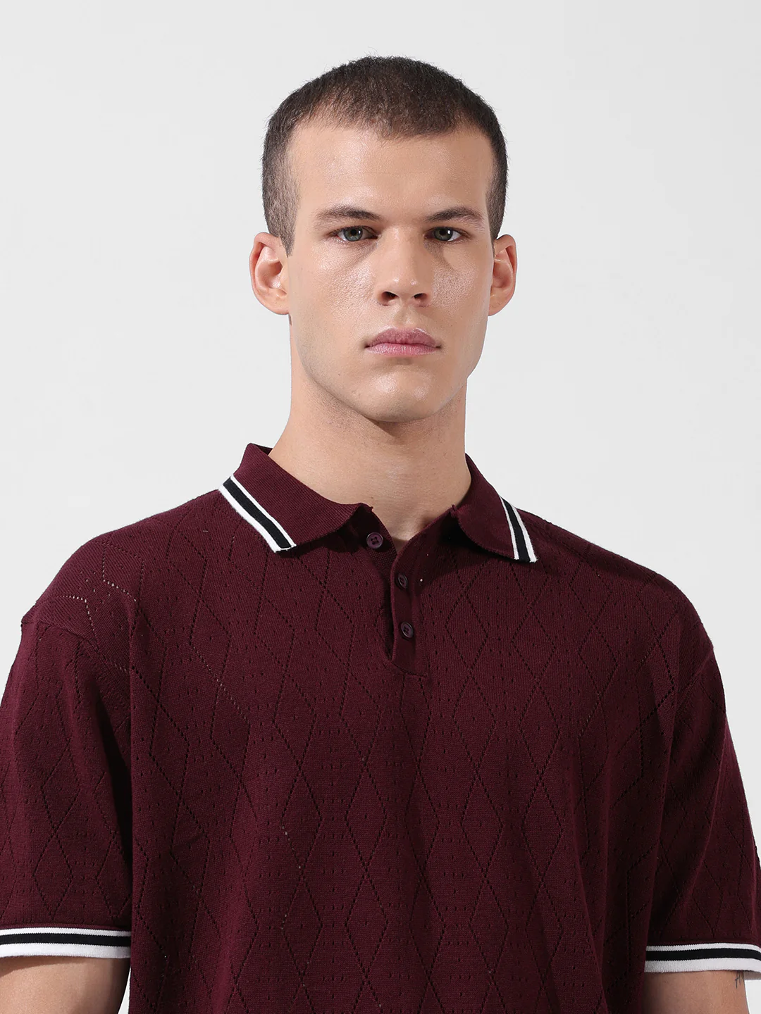 Men's Maroon Oversized Fit Striped Flat Knit Polo T-Shirt - Image 5