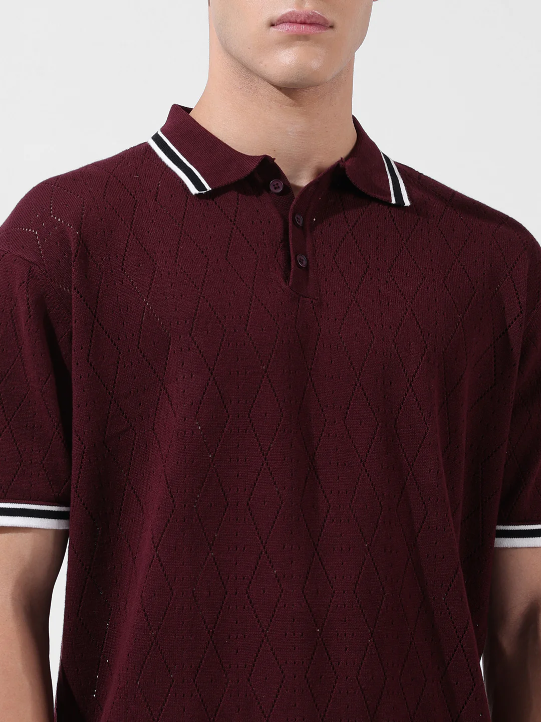 Men's Maroon Oversized Fit Striped Flat Knit Polo T-Shirt - Image 6