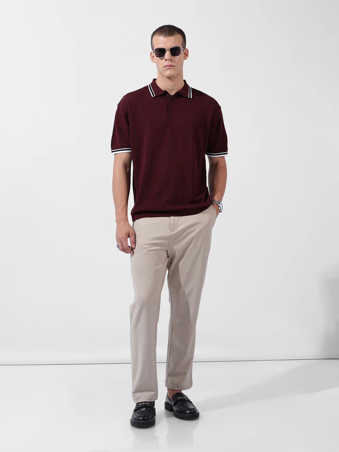 Men's Maroon Oversized Fit Striped Flat Knit Polo T-Shirt - Image 8