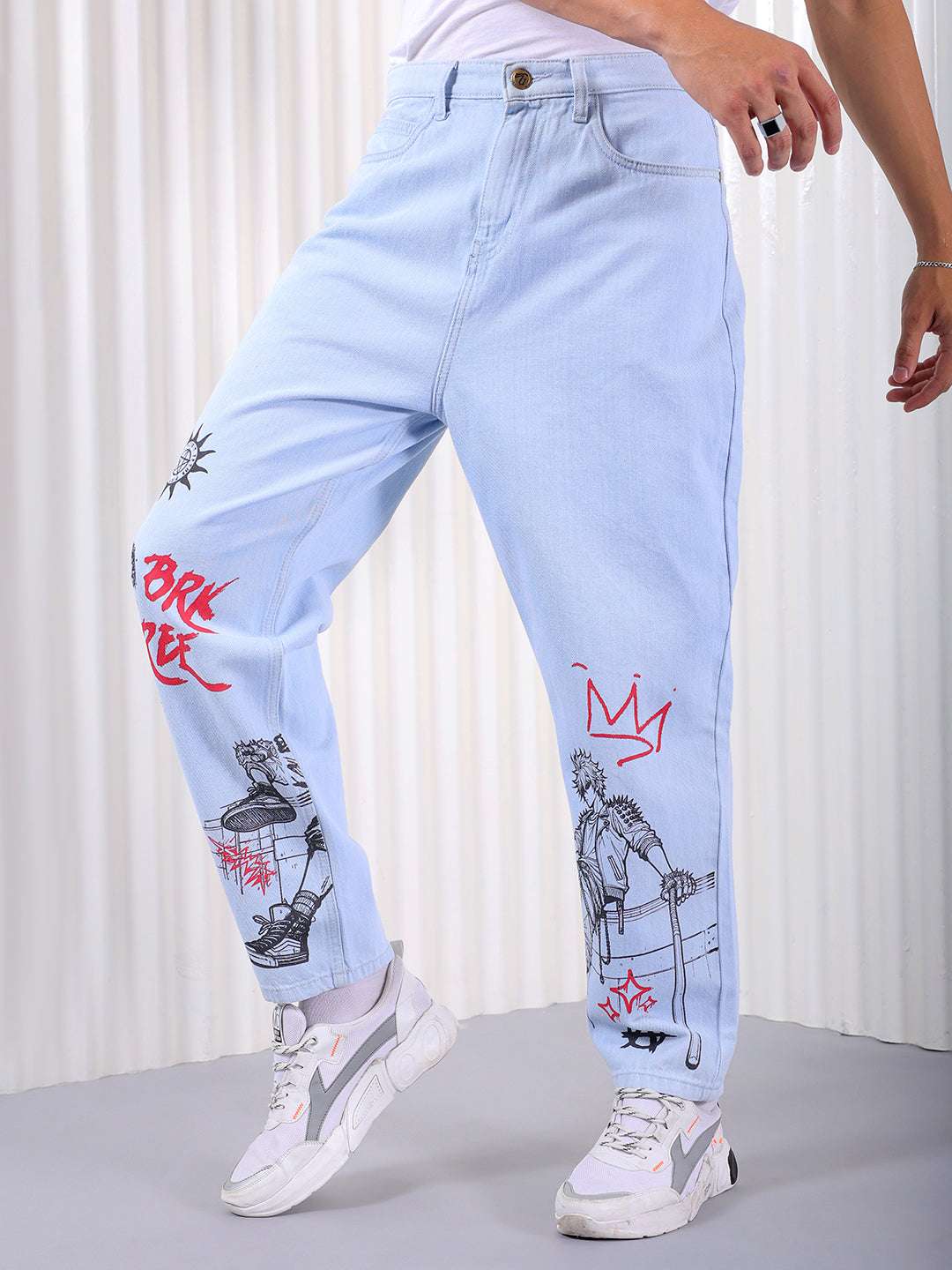 Men's Ice Blue Loose Fit Printed Casual Jeans - Image 4