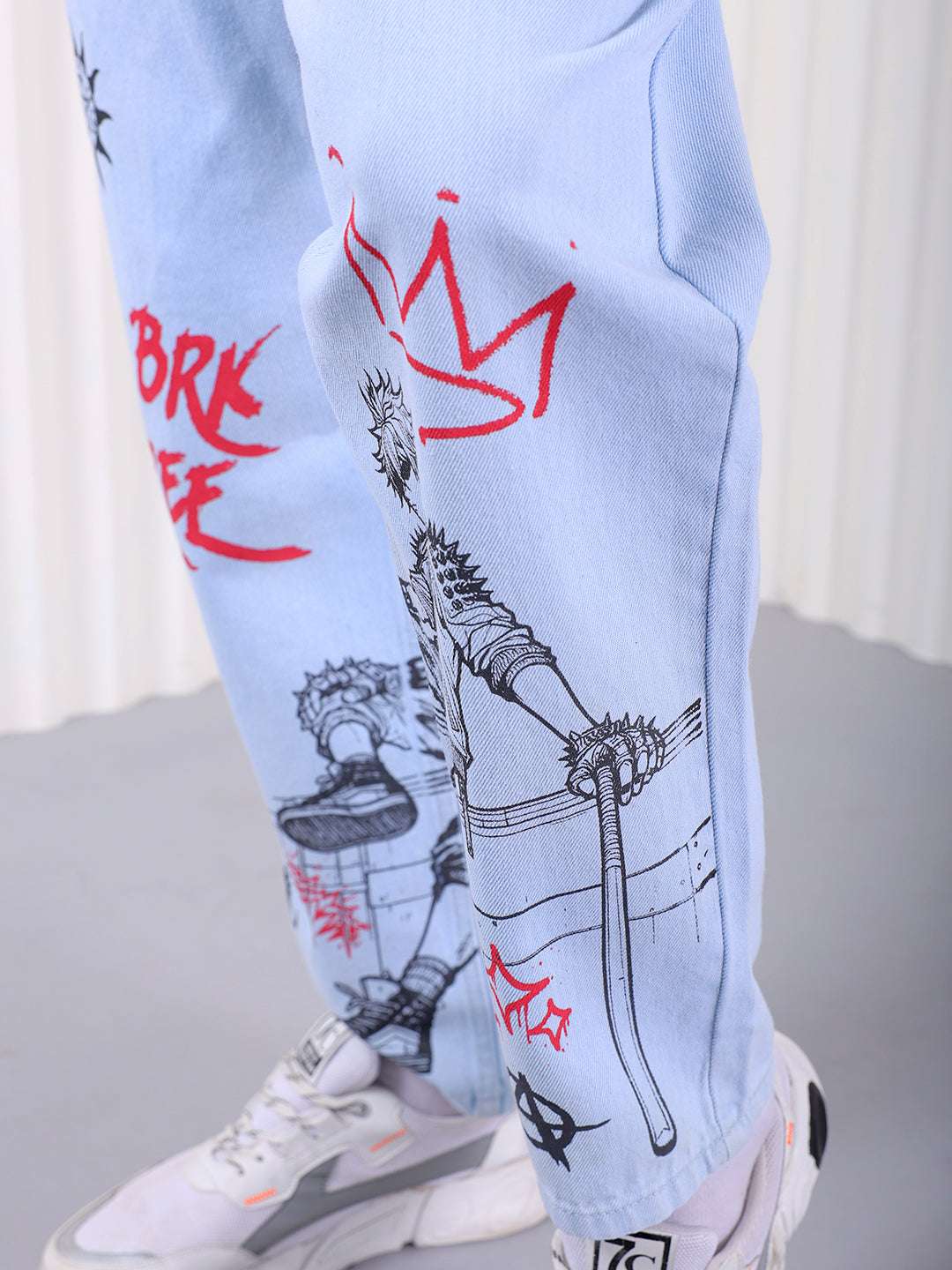 Men's Ice Blue Loose Fit Printed Casual Jeans - Image 7