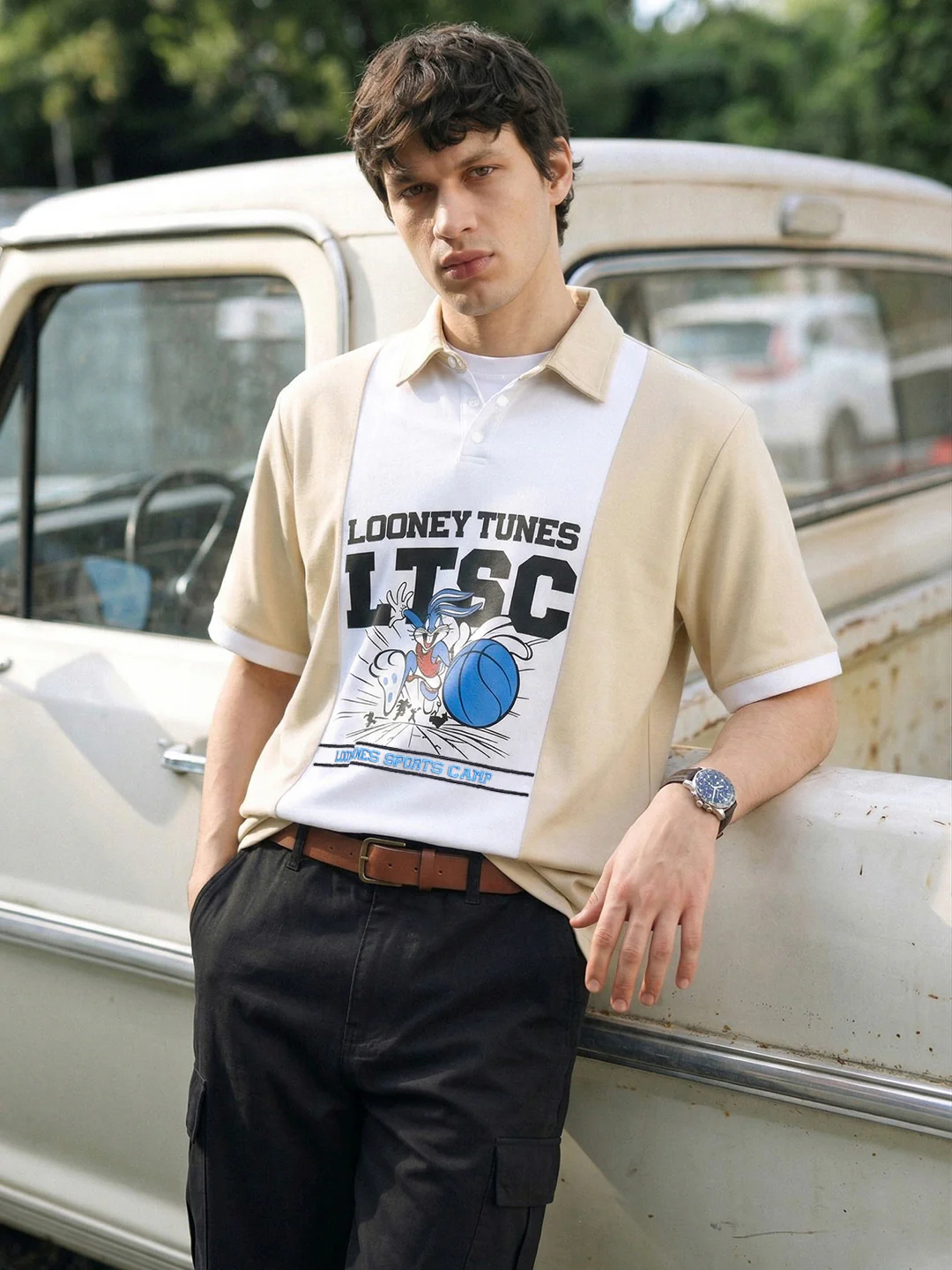 Men's Beige Boxy Fit Loony Tune character Polo T-Shirt