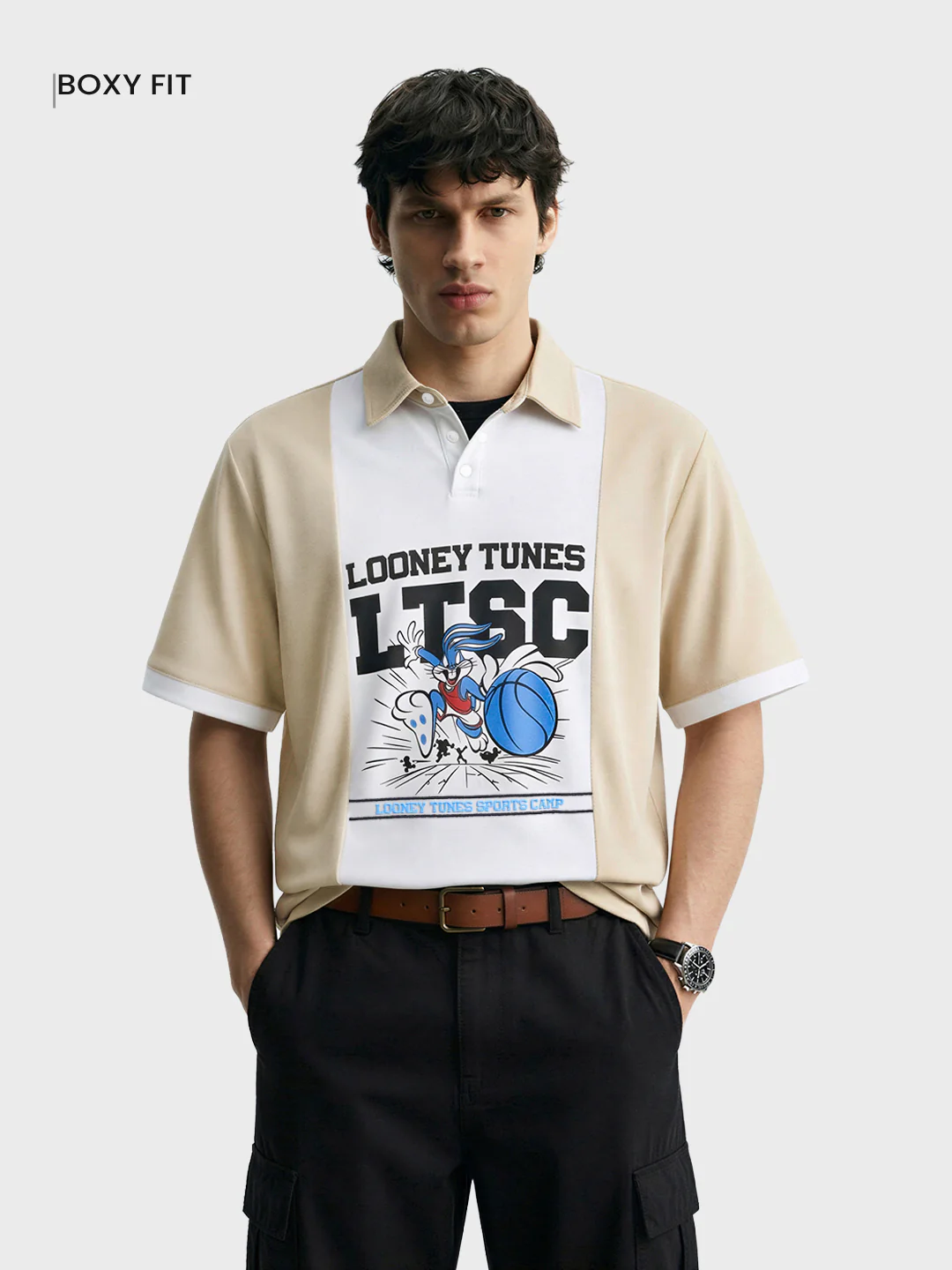 Men's Beige Boxy Fit Loony Tune character Polo T-Shirt - Image 2