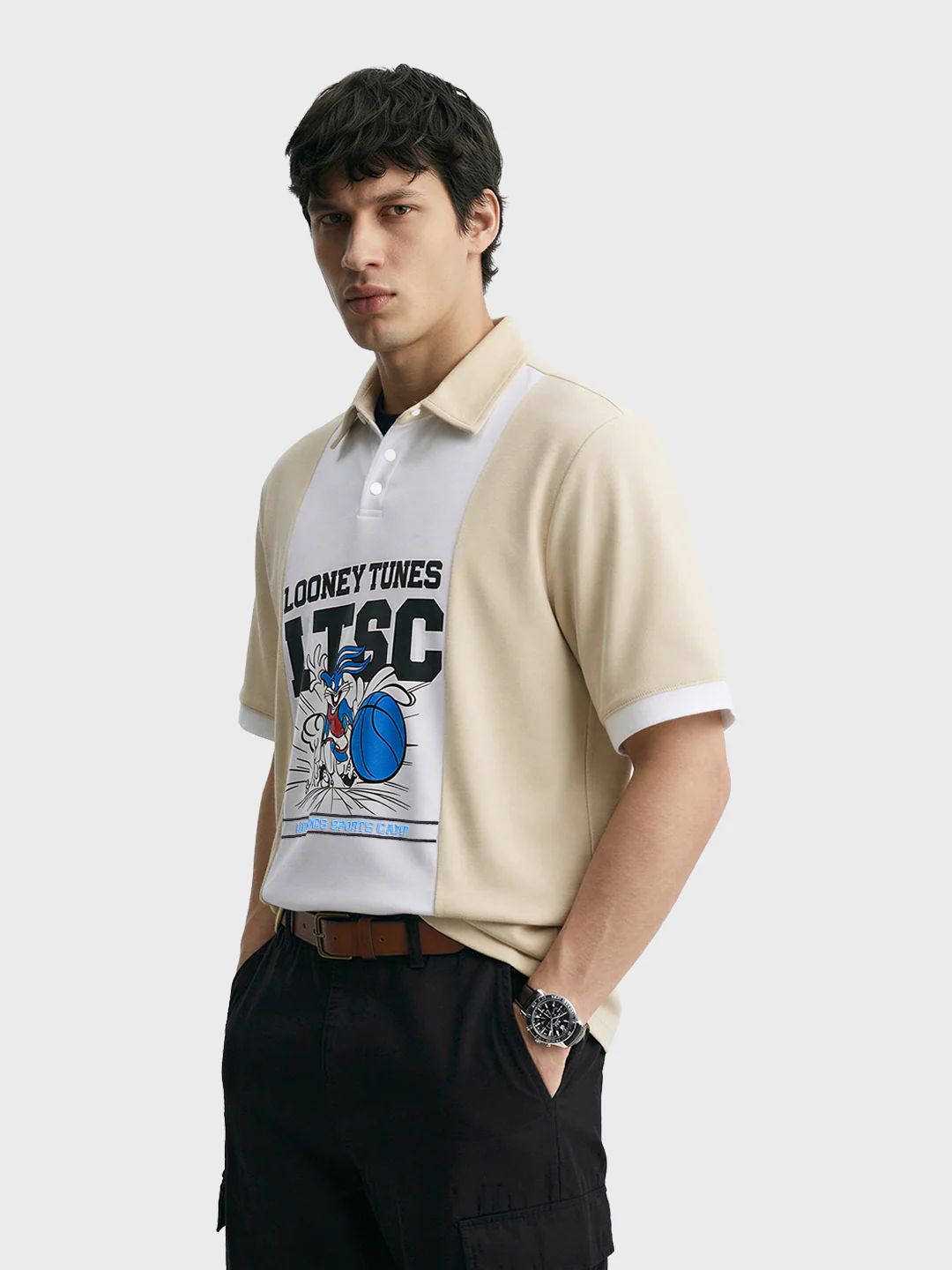 Men's Beige Boxy Fit Loony Tune character Polo T-Shirt - Image 4