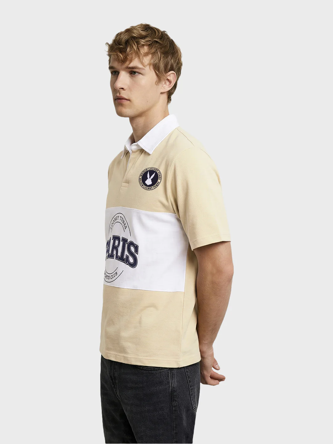 Men's Beige Boxy Fit Loony Tune character Polo T-Shirt - Image 4