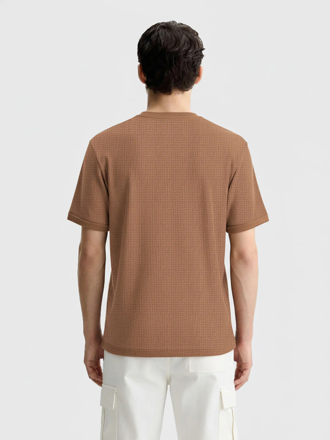Men's Beige Boxy Fit Textured Casual T-Shirt - Image 2