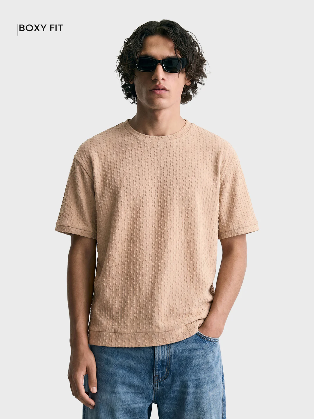 Men's Beige Boxy Fit Textured Resort Wear T-Shirt