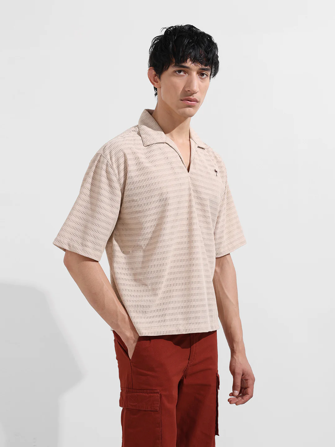 Men's Beige Oversized Fit Resort Wear Textured Shirt - Image 5