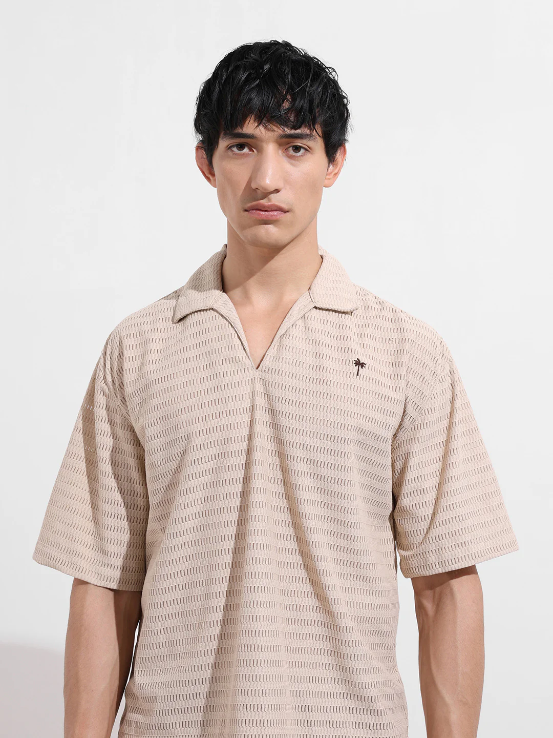 Men's Beige Oversized Fit Resort Wear Textured Shirt - Image 6
