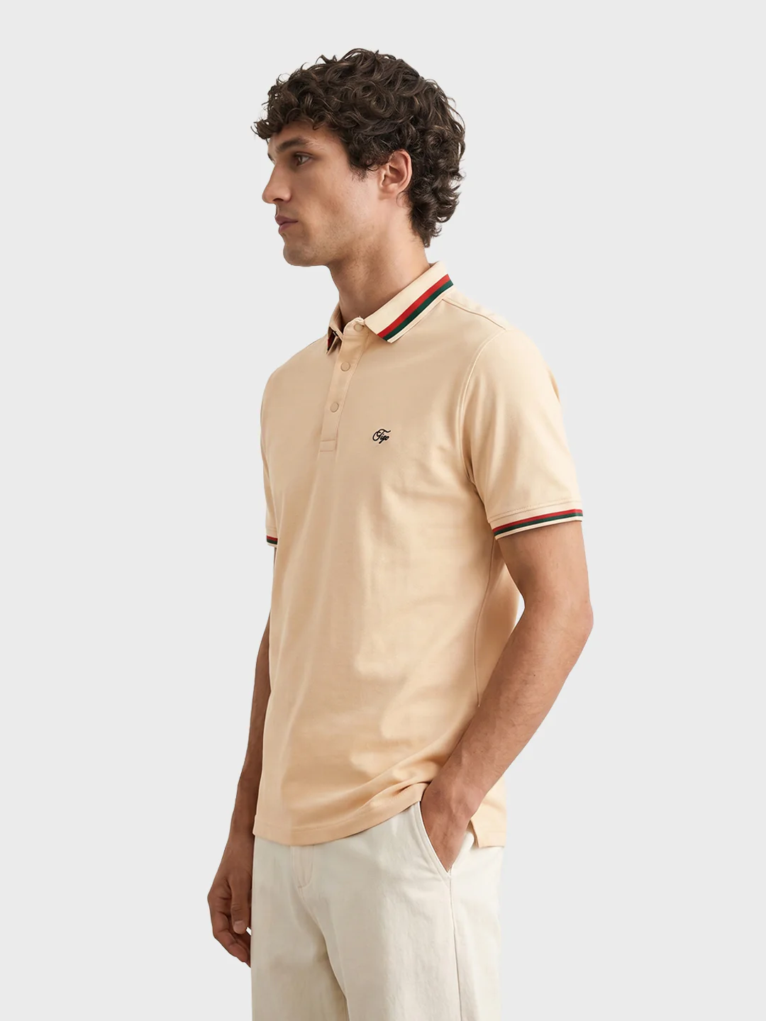 Men's Beige Regular Fit Solid Casual Polo T-Shirts - Image 4
