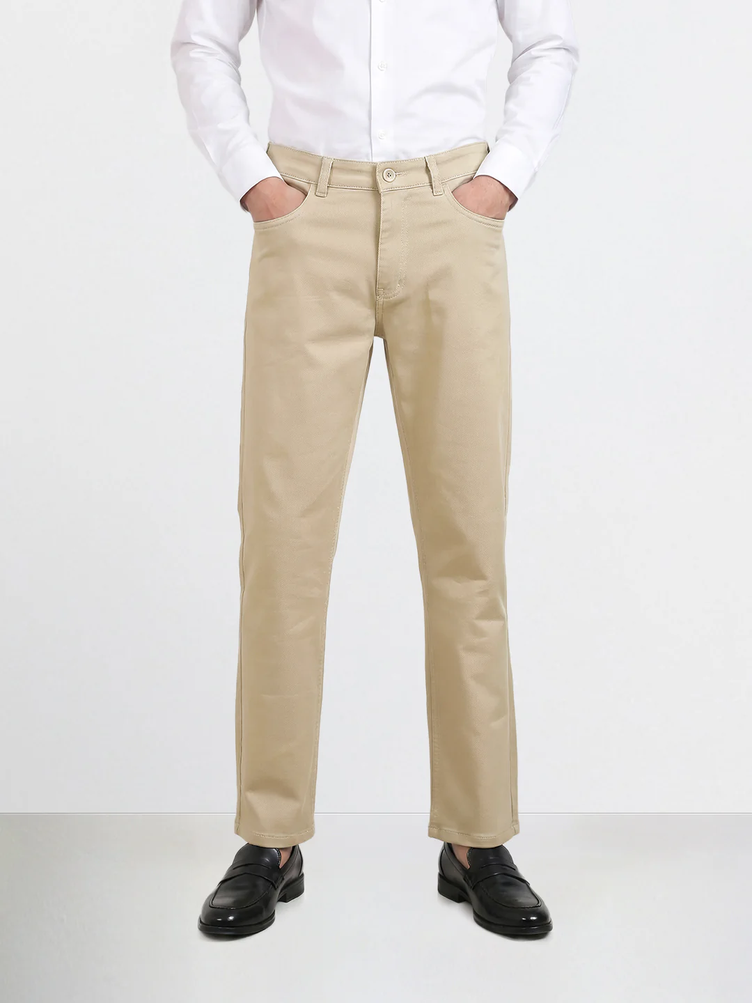 Men's Beige Regular Fit Solid Casual Chinos