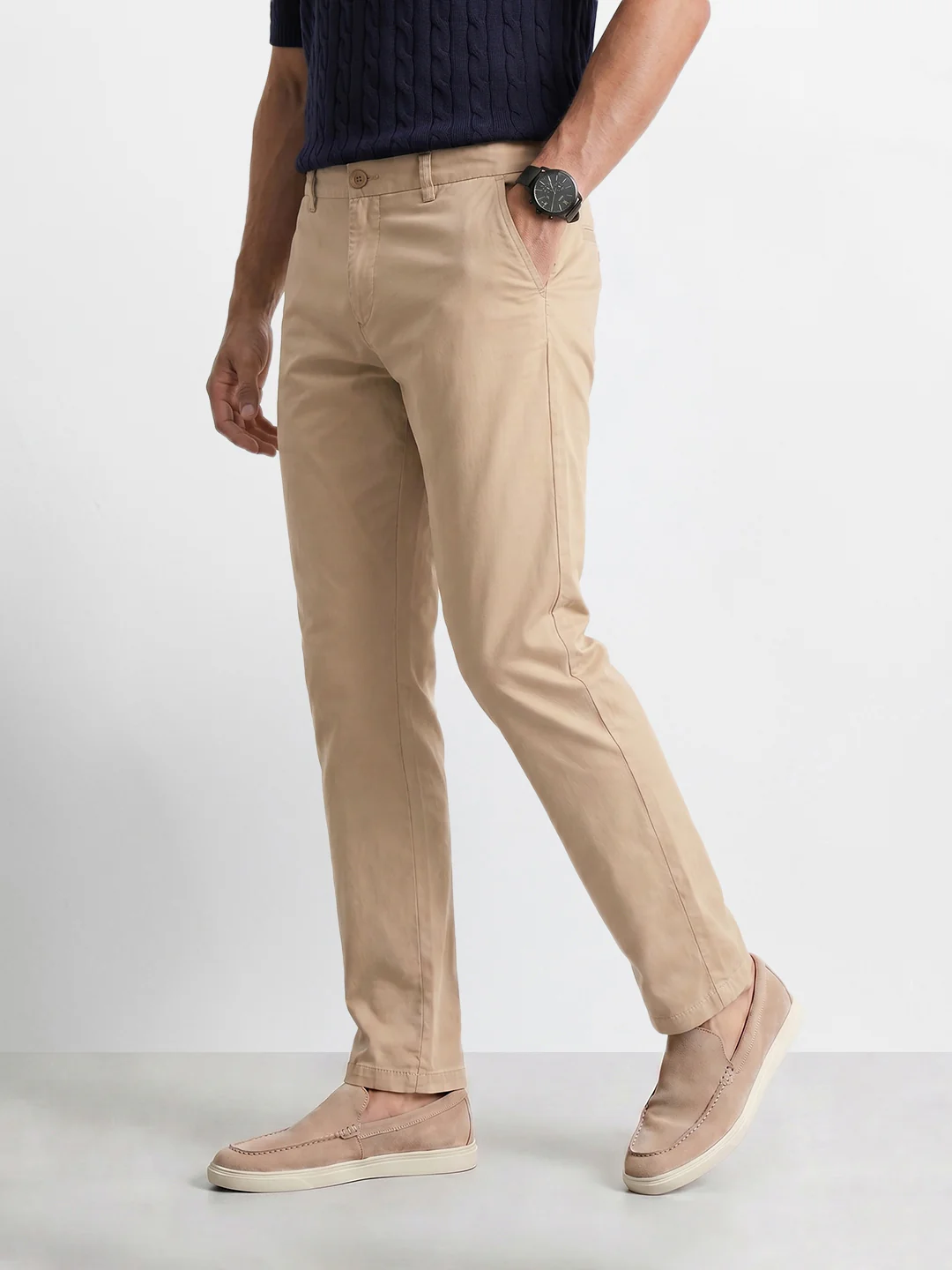Men's Beige Regular Fit Solid Casual Chinos - Image 4