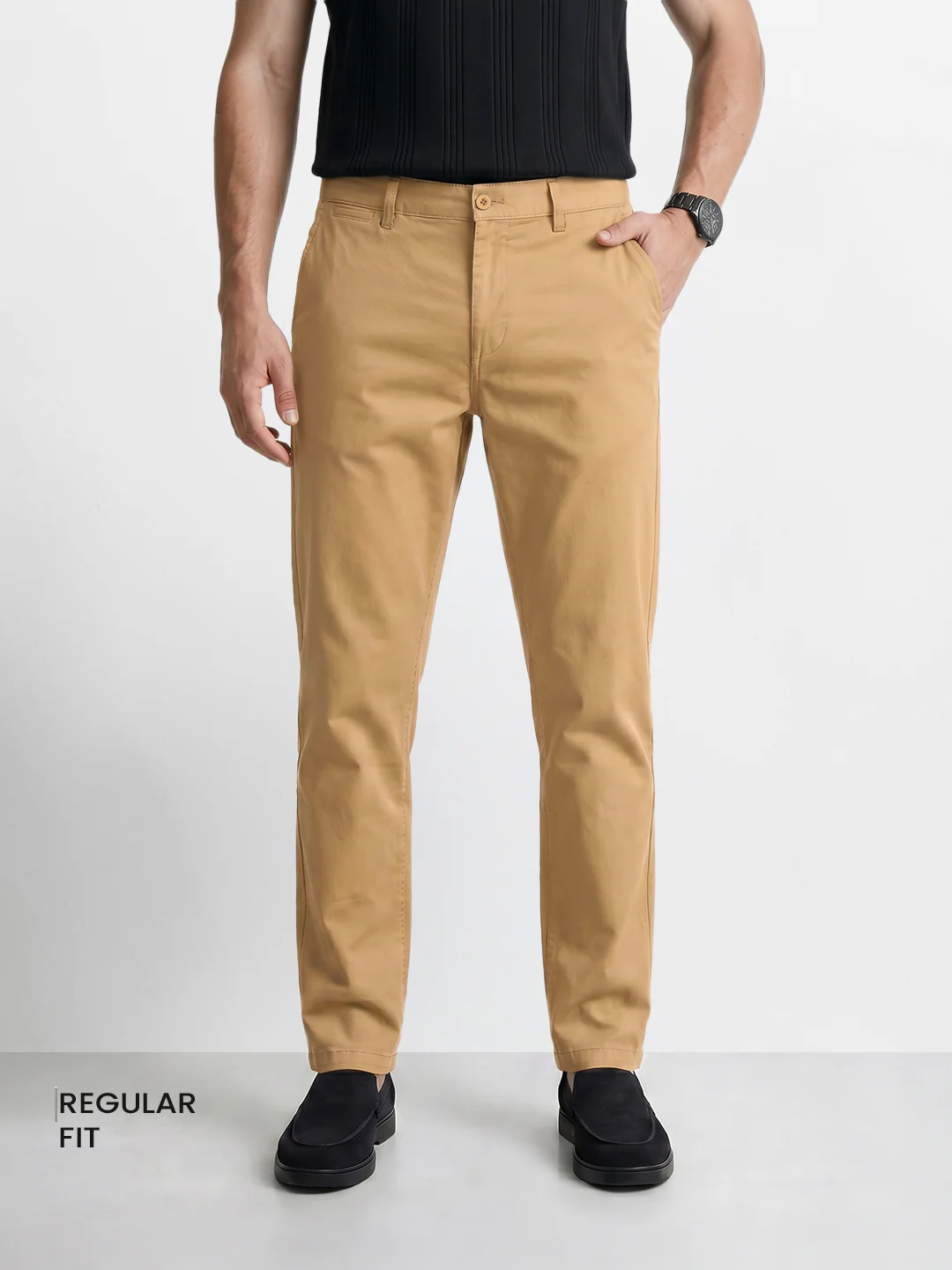 Men's Beige Regular Fit Solid Casual Chinos - Image 2